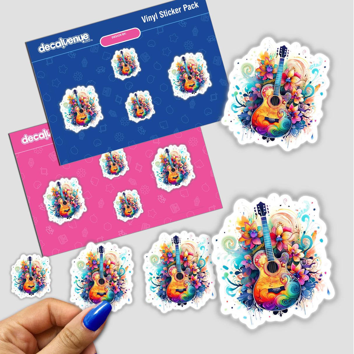 Vibrant floral guitar stickers in various sizes, part of a digital artwork collection from the Decal Venue online store, showcasing a colorful, abstract guitar design with intricate floral patterns.