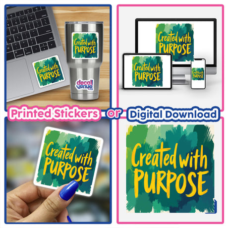 Created with Purpose - Genesis 1:27 Christian Sticker, featuring inspirational Bible verse clipart, shown on a laptop and as digital artwork, emphasizing its design versatility and commercial rights.