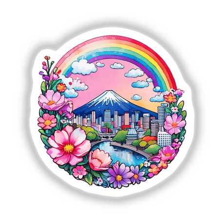 Sticker depicting Tokyo Dreams: Mount Fuji and Cityscape Rainbow, featuring a vibrant cityscape with a rainbow, flowers, and Mount Fuji in the background, capturing a whimsical, artistic scene.