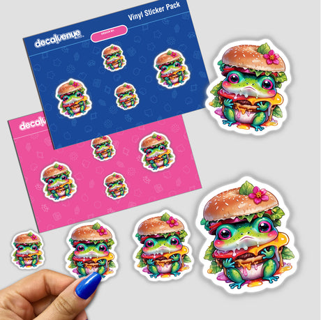 Frog Burger Delight: Cute and Juicy sticker pack featuring cartoon frogs holding burgers, perfect for decorating and adding a playful touch to your belongings.