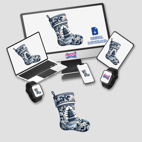 Chinoiserie Christmas Stocking design displayed on a computer monitor and laptop. Available as unique stickers or digital artwork, reflecting the creative essence of Decal Venue.