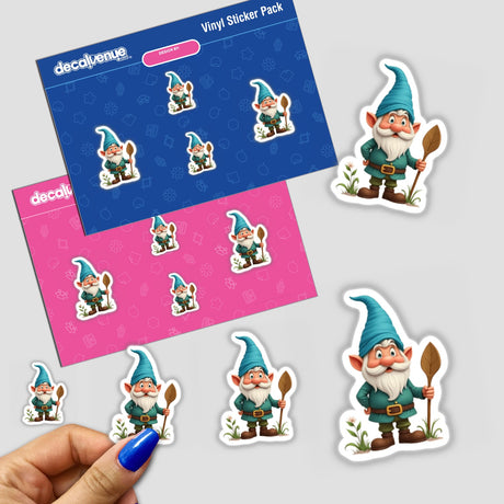 Hand holding a Whimsical Garden Gnome Illustration - Stickers or Commercial Rights Download pack with cartoon gnomes holding leaves, available at Decal Venue.