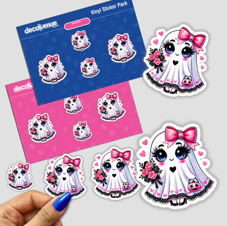 Cute Ghost with Pink Bow stickers featuring cartoon ghosts with flowers and bows, displayed alongside envelopes and a hand for scale. Available as stickers or digital artwork from Decal Venue.