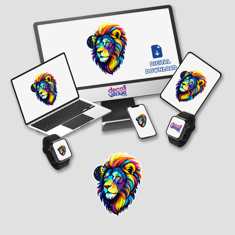 A Colorful Lion Head sticker on a computer monitor and laptop, showcasing vibrant digital artwork available at Decal Venue.