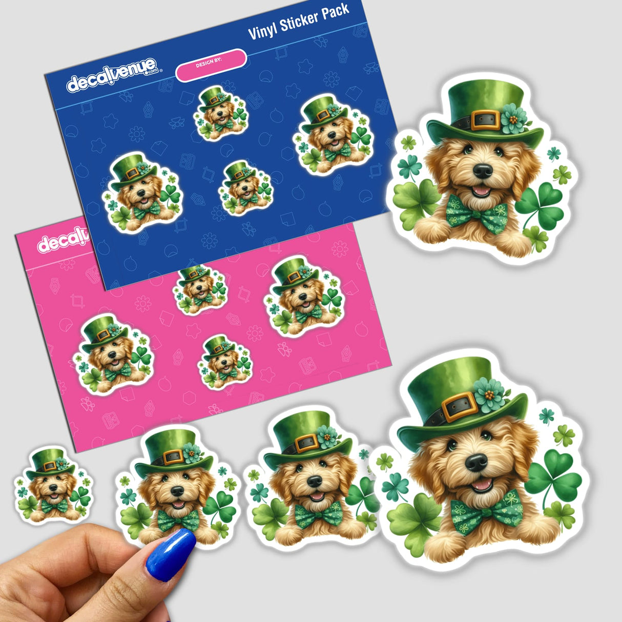 Watercolor Peeking St. Patrick's Goldendoodle Dog stickers featuring a whimsical Goldendoodle in a hat and bow tie, perfect for festive decoration or gifting to dog lovers.