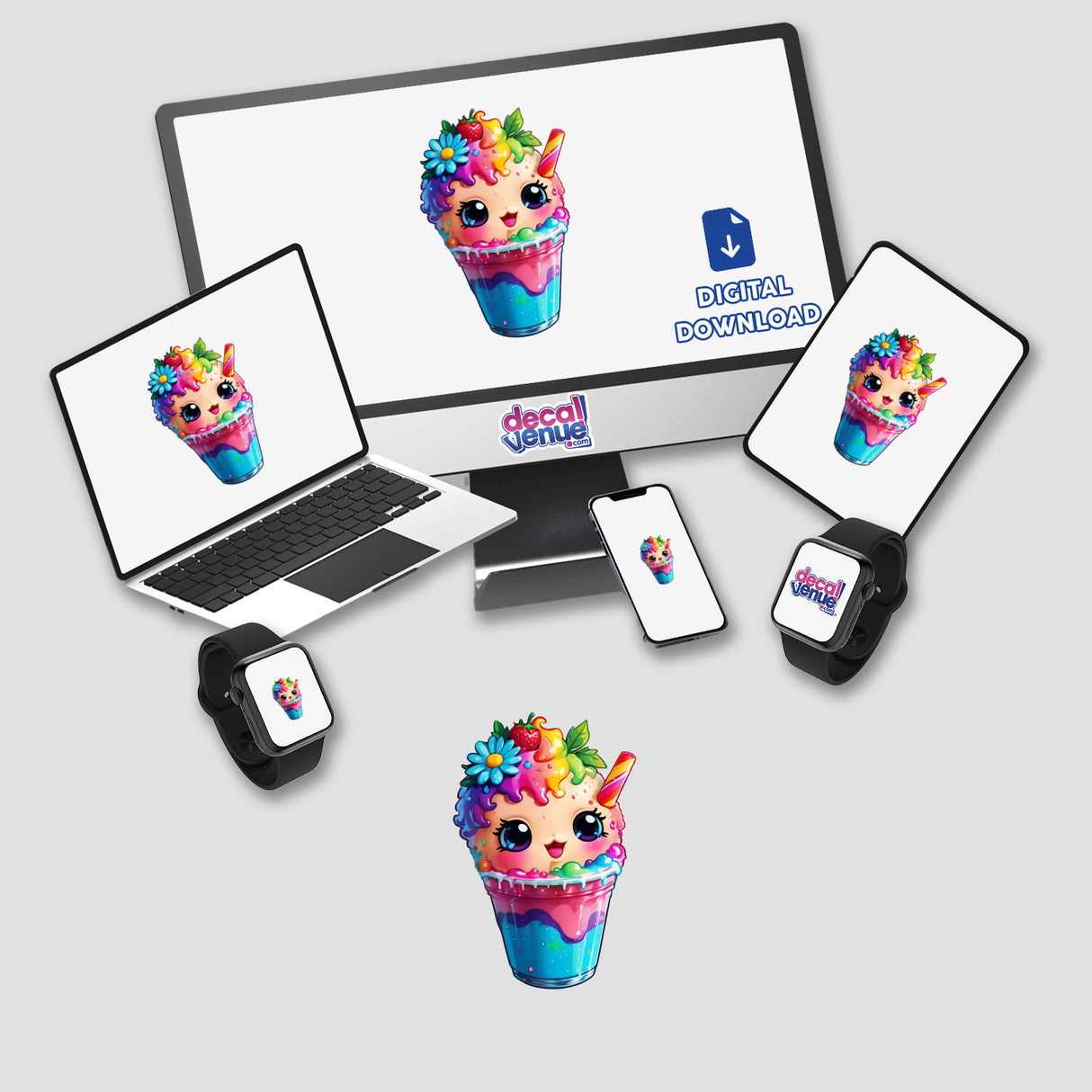 Fruity Fun: Happy Slurpie with Rainbow Floral Splash Sticker on a computer monitor and laptop screen, showcasing a cartoon ice cream cup with flowers. Available as stickers or digital artwork.