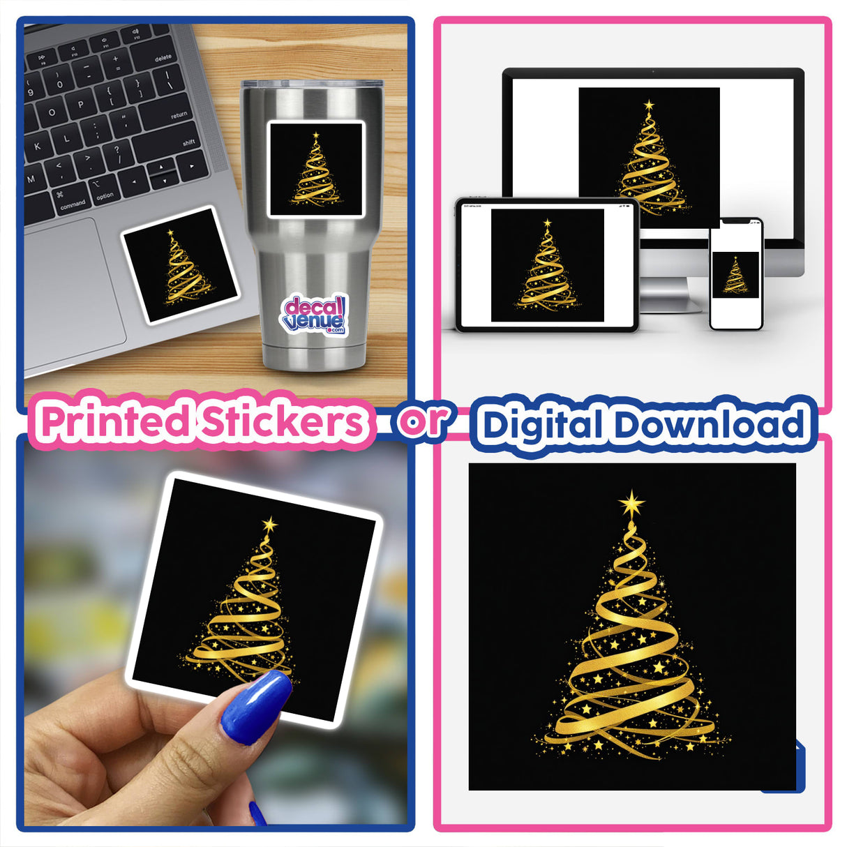 Gold Christmas Tree stickers and digital artwork featuring elegant designs, including gold trees with stars on various mediums such as mugs, cards, and digital screens, highlighting Decal Venue's unique artistic flair.