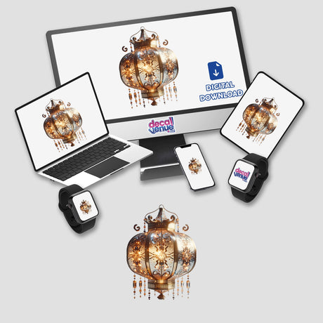 Elegant Vintage Lantern Showcase with Exquisite Details displayed on a computer monitor and laptop, surrounded by a smart watch and a cell phone with matching designs. Available as Stickers or Digital Artwork.