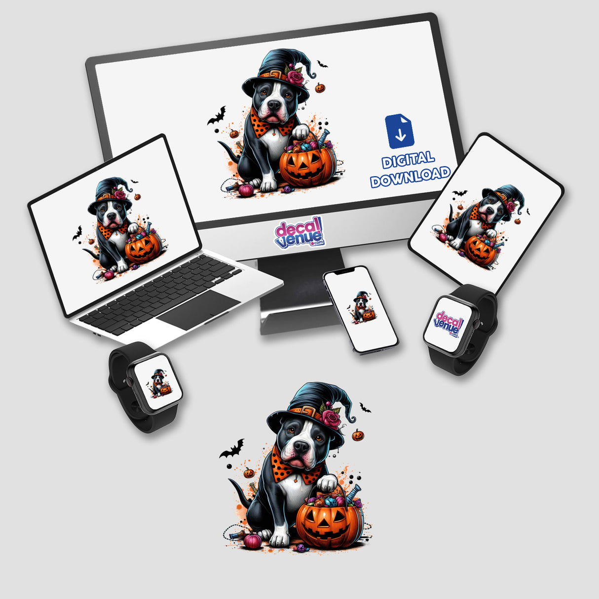 Cute Halloween Pitbull Dog digital artwork displayed on multiple devices, featuring a dog in a hat with a pumpkin, available as stickers or digital art from Decal Venue.