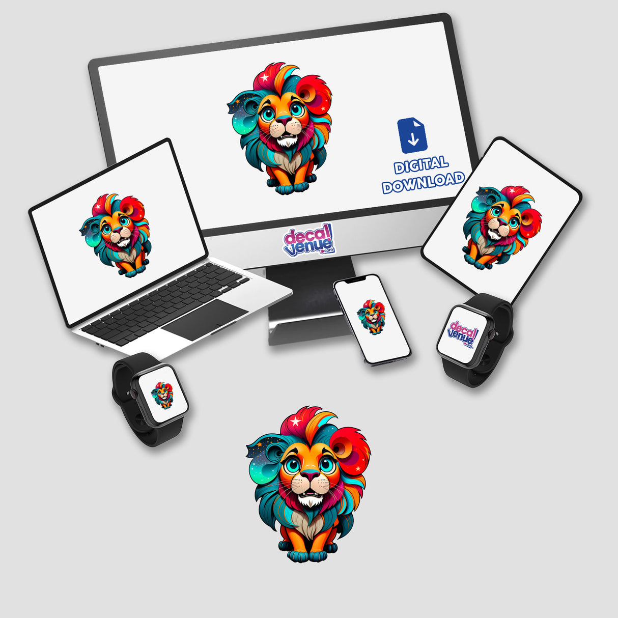 A Cute Little Lion displayed on a computer monitor and laptop, showcasing its vibrant design. Available as stickers or digital artwork, reflecting Decal Venue's unique offerings in creative visuals.