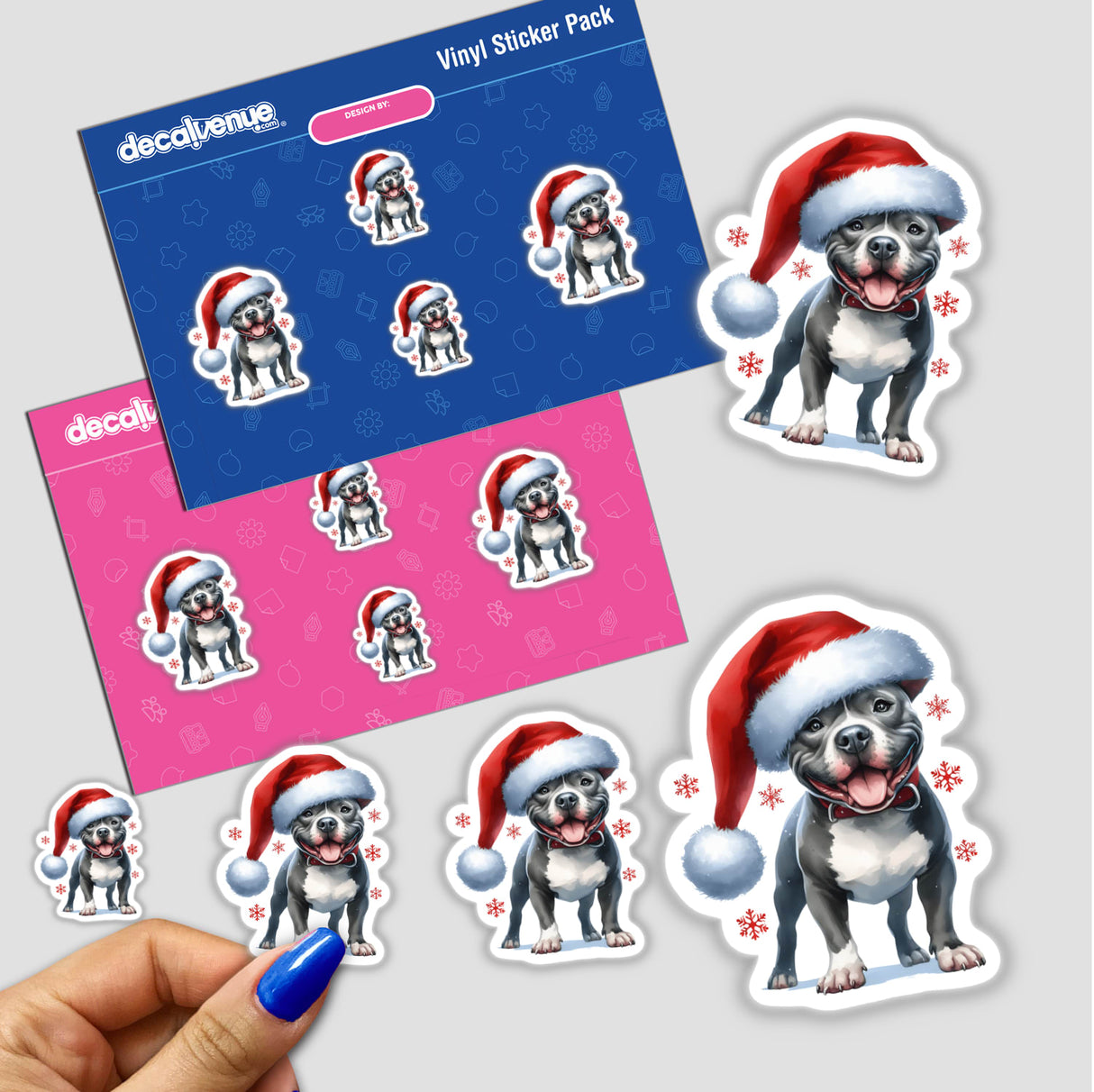 Christmas Pitbull Dog in Santa Hat II stickers featuring a cartoon pitbull wearing a Santa hat. Available as both physical stickers and digital artwork, capturing the festive spirit.