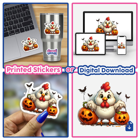 Halloween Chicken Trick or Treater sticker featuring a cartoon chicken holding pumpkins and a basket, available as a sticker or digital download.