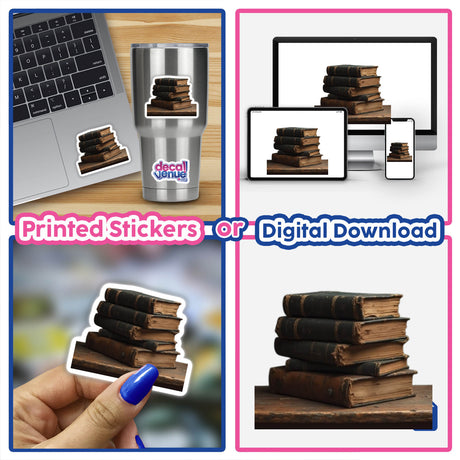 Antique Bookstack Dark Academia Sticker or Clipart with Commercial Rights Download: A collage featuring a laptop and various stacks of antique books, ideal for dark academia enthusiasts.