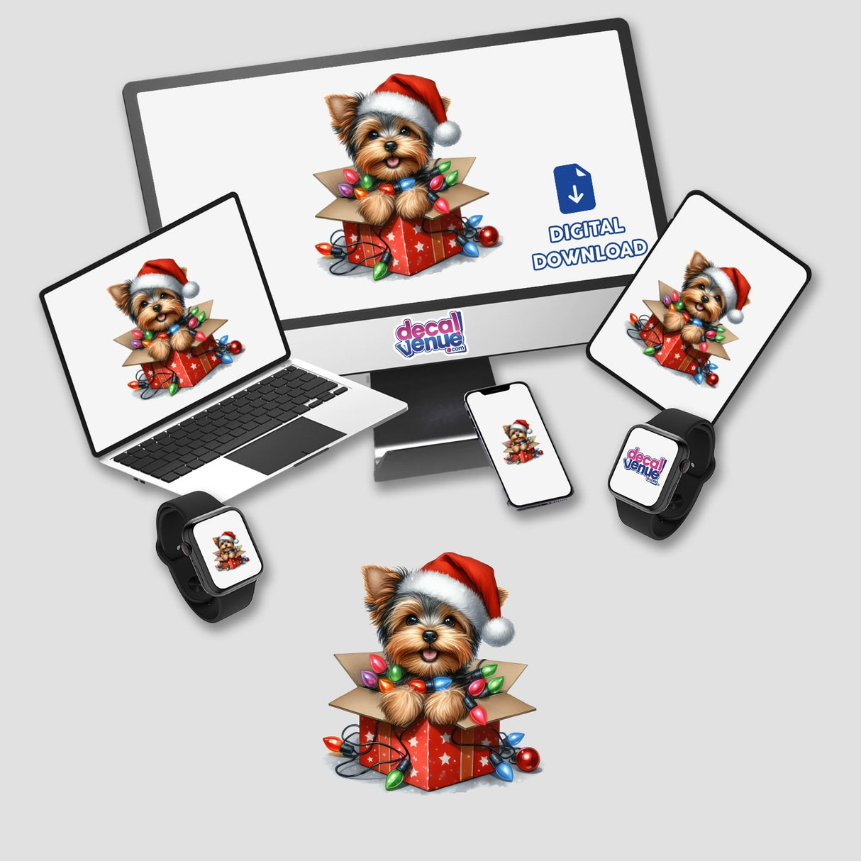 Christmas Lights Santa Yorkie in Gift Box III features a playful dog wearing a Santa hat and Christmas lights, sitting inside a gift box, showcased on various devices as stickers or digital artwork.