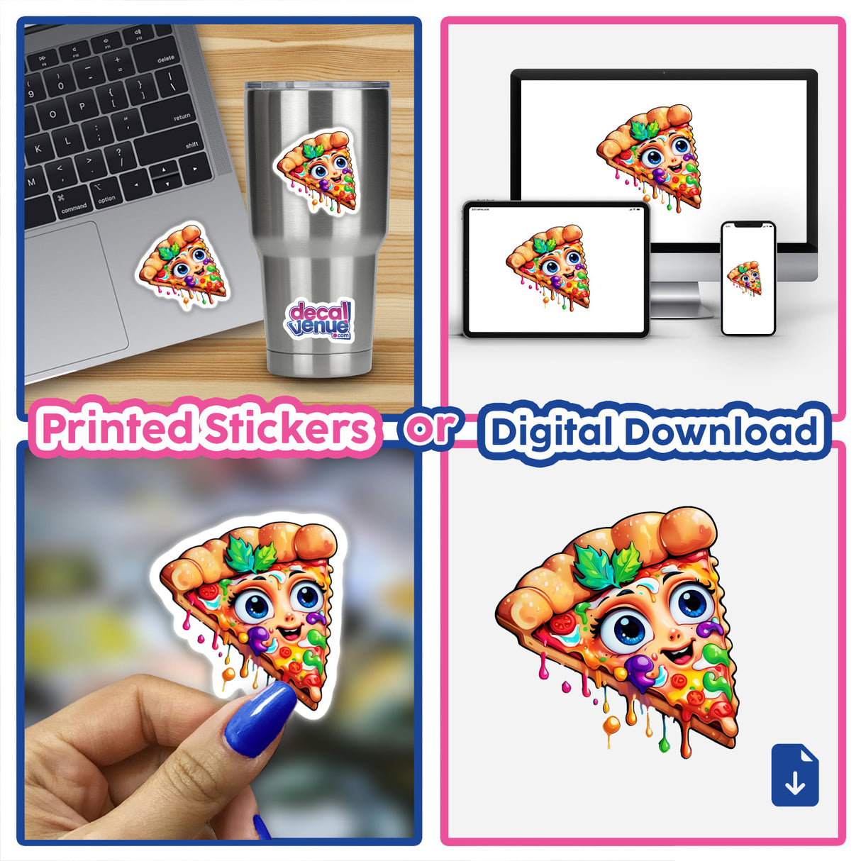 Trippy Melting Pizza: Psychedelic Sticker depicted on various surfaces, including a laptop, silver cup, and held in a hand, featuring a cartoon pizza slice with a face.