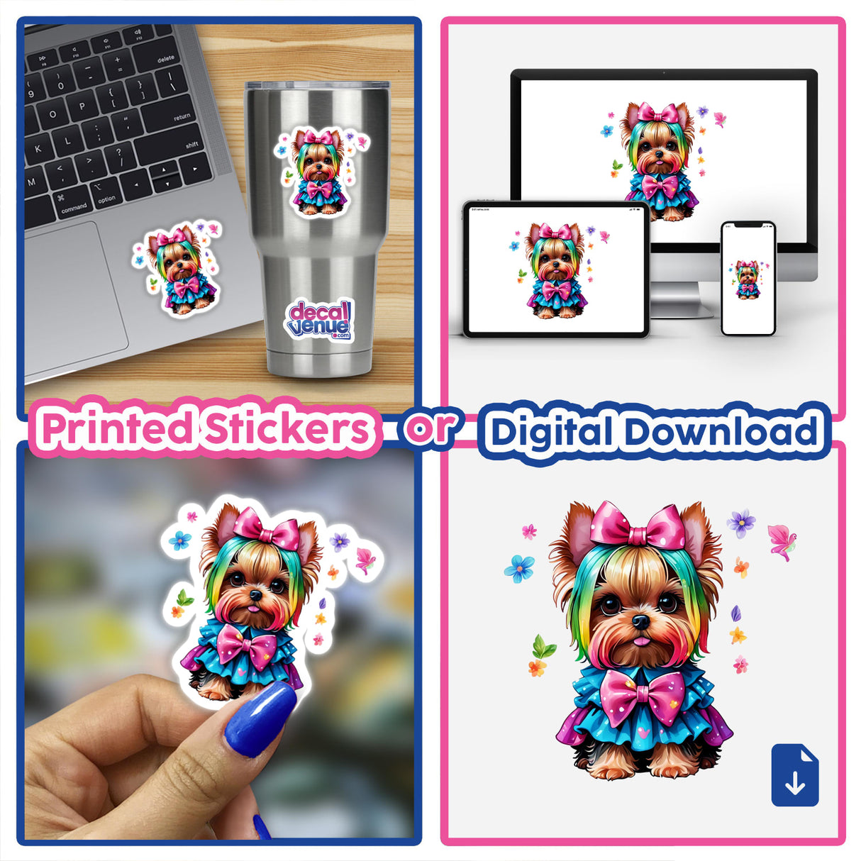 Chic Yorkie: Adorable Dog sticker collage featuring a cartoon Yorkie with colorful hair and a bow, displayed on a laptop, cup, and other surfaces. Available as stickers or digital artwork.