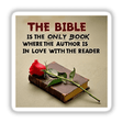 Inspirational Bible Quote Sticker featuring a rose resting on a book, available as faith-based clipart or downloadable religious design. Ideal for commercial use.