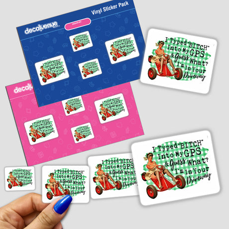 Sticker pack titled I'm In Your Driveway featuring whimsical illustrations of a woman on a go-kart, available as physical stickers or digital artwork.