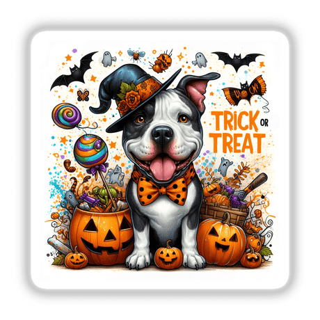 Trick or Treat Eye Patch Pitbull Dog wearing a hat and bow tie, surrounded by pumpkins and bats. Available as stickers or digital artwork.