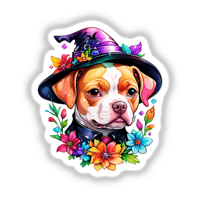 Pitbull wearing a Halloween witch hat adorned with colorful flowers, available as stickers or digital artwork.