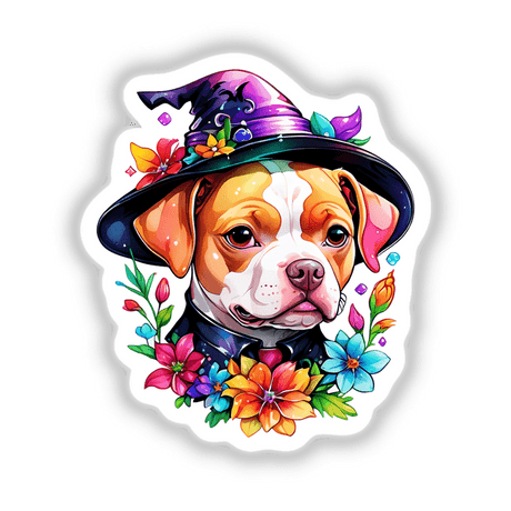 Pitbull wearing a Halloween witch hat adorned with colorful flowers, available as stickers or digital artwork.