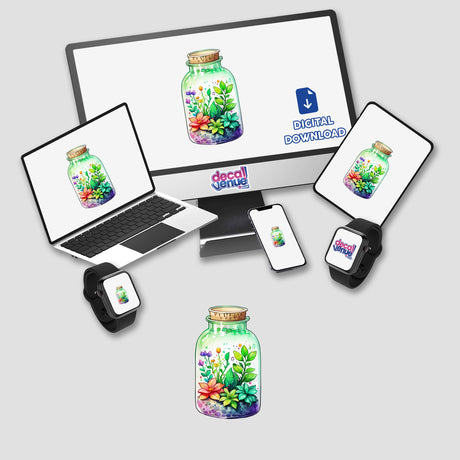 Enchanted Chibi Greens: Magic Plants in a Clear Glass Bottle displayed on a computer monitor and laptop screen. Available as stickers or digital artwork.