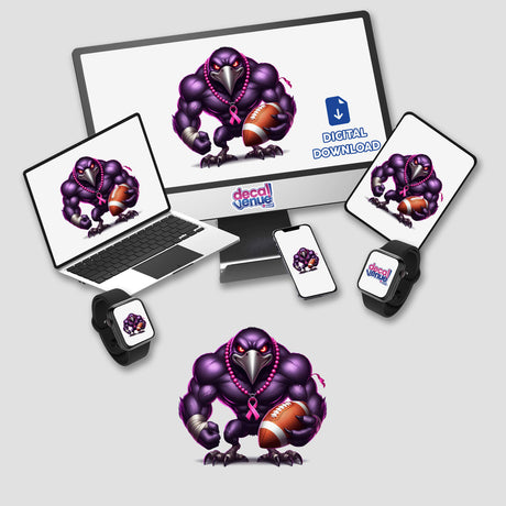 Muscular Purple Raven Bird Football Breast Cancer Awareness III digital artwork displayed on a computer monitor and laptop, featuring a cartoon bird holding a football.