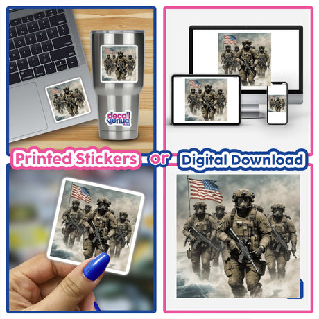 Hero Series 4 collage features soldiers, laptops, and military gear, available as stickers or digital artwork from Decal Venue.