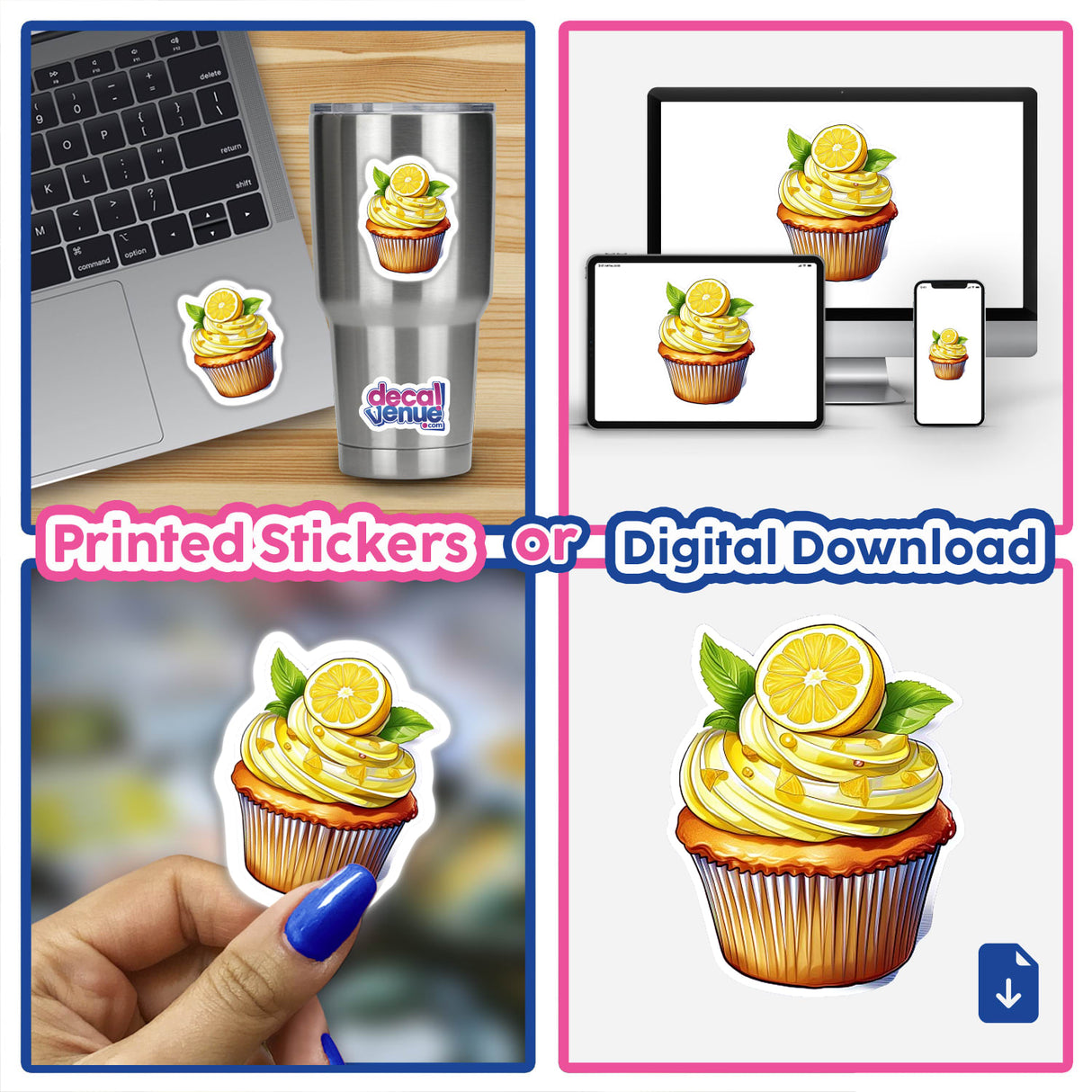 Vibrant digital artwork of a lemon cupcake with bright yellow frosting and fresh lemon slices, available as printed stickers or digital download from the Decal Venue online store.