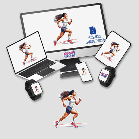 Energetic woman runner in motion, digital artwork showcased on various devices from Decal Venue's online store.