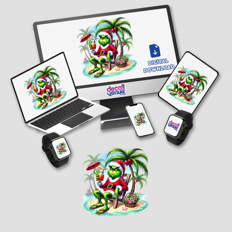 Green Grouch Tropical Santa Relaxing on Beach displayed on a computer monitor and laptop, showcasing a cartoon green character in a beach chair. Available as stickers or digital artwork.