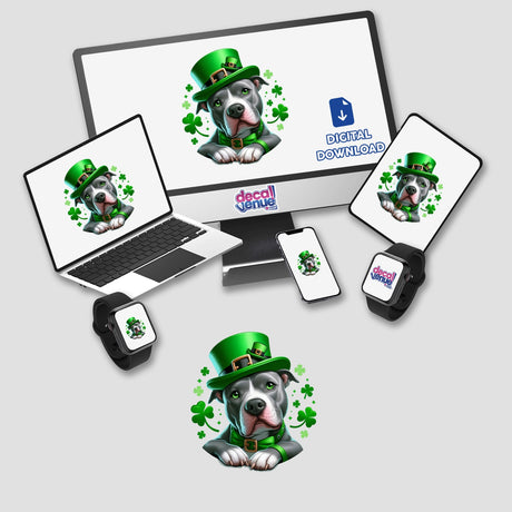 Sitting Pretty Irish Clovers Pitbull Leprechaun depicted on a computer monitor and laptop as digital artwork, featuring a cartoon dog wearing a green hat, available as stickers or digital art.