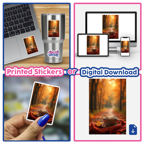 Collage featuring a laptop displaying an image of a coffee cup, a hand holding a coffee cup, and cozy autumn-themed elements. Product: Wallpaper Background | Autumn Coffee Scene | High-Quality Stickers or Download with Commercial Rights.