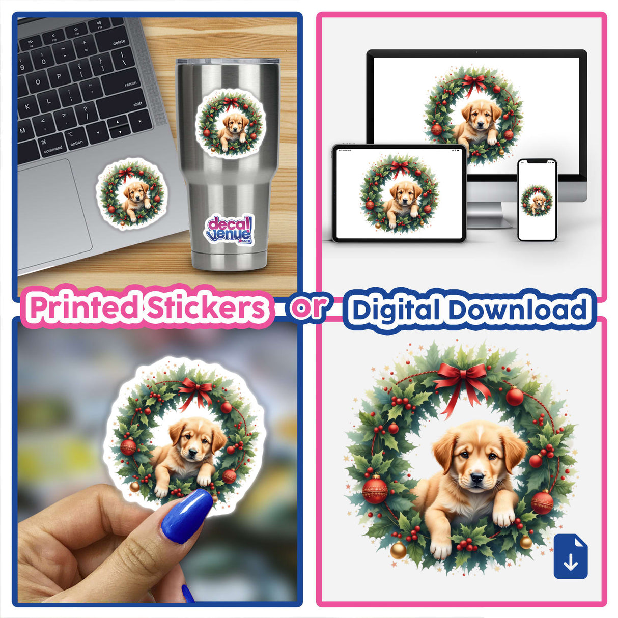 Puppy in a Christmas Wreath sticker or digital artwork, featuring a dog nestled within a festive wreath, ideal for decorating laptops or enhancing digital collections.