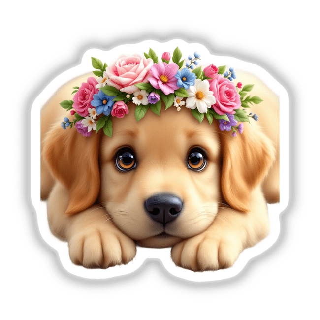 Adorable Golden Retriever with a Spring Flower Crown