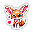 A Cute Fennec Fox With Love Hearts illustration, featuring a cartoon fox surrounded by hearts. Available as stickers or digital artwork from Decal Venue's unique collection.