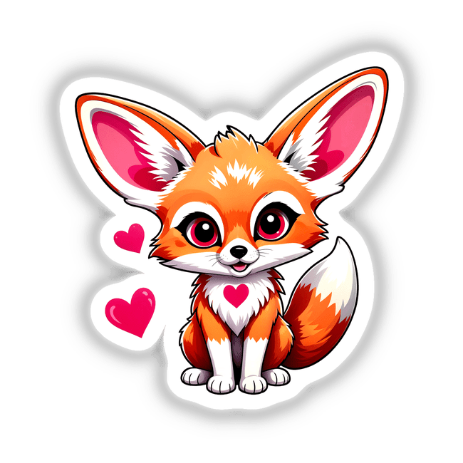 A Cute Fennec Fox With Love Hearts illustration, featuring a cartoon fox surrounded by hearts. Available as stickers or digital artwork from Decal Venue's unique collection.