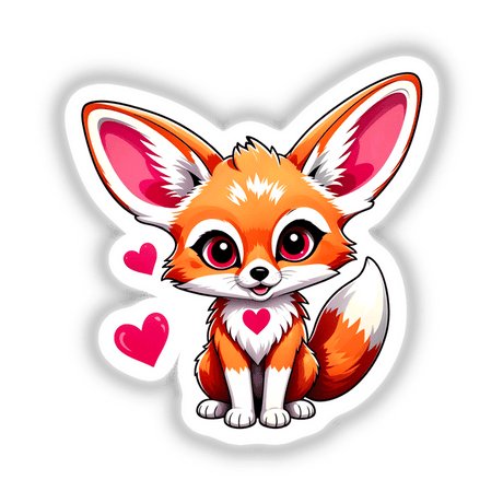 A Cute Fennec Fox With Love Hearts illustration, featuring a cartoon fox surrounded by hearts. Available as stickers or digital artwork from Decal Venue's unique collection.