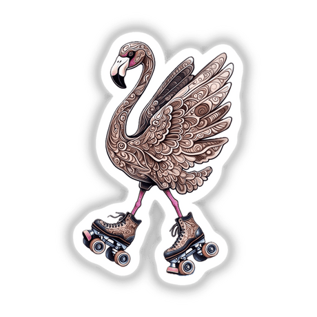 Flamingo on Roller Skates with Intricate Feather Details sticker, showcasing a whimsical drawing of a flamingo elegantly skating. Available as a unique vinyl sticker or digital artwork from Decal Venue.