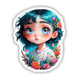 Mesmerizing Girl Sticker showing a cute cosmic design featuring a cartoon girl with blue hair, glowing eyes, and iridescent floral details; available as stickers or digital artwork.