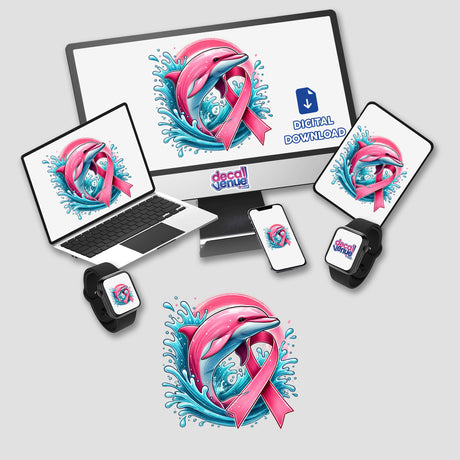 Dolphin Pink Ribbon Breast Cancer digital artwork featuring a computer monitor, laptop, and smartwatch, all displaying a pink ribbon and dolphin design. Available as stickers or digital art.