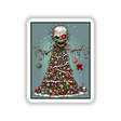 Zombie Christmas Tree cartoon featuring a festive tree adorned with red and white striped ornaments, a red bow, and cartoon skulls. Available as stickers or digital artwork.