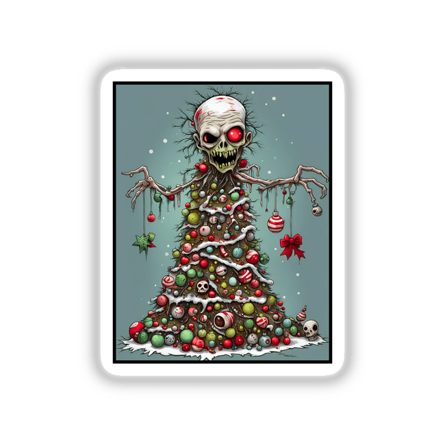 Zombie Christmas Tree cartoon featuring a festive tree adorned with red and white striped ornaments, a red bow, and cartoon skulls. Available as stickers or digital artwork.