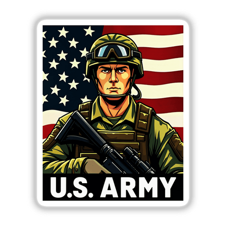 U.S. Army - American Soldier With Flag artwork shows a man in military uniform holding a gun, wearing a helmet and goggles. Available as stickers or digital artwork.