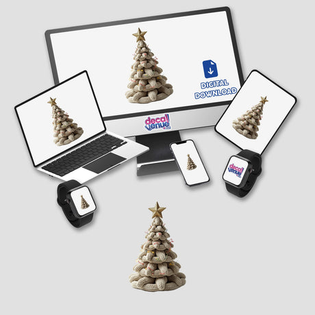 Knitted Yarn Christmas Tree displayed on various screens, showcasing its availability as stickers or digital artwork, embodying Decal Venue's unique offerings in festive-themed digital and physical items.