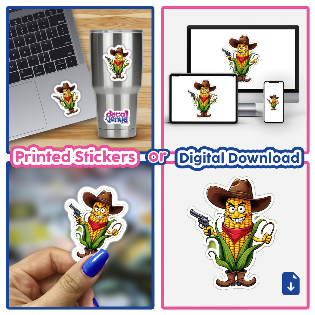 Milho Pistola stickers featuring cartoon corn characters, including one with a cowboy hat and gun, shown on a laptop, cup, and more. Available as stickers or digital artwork.