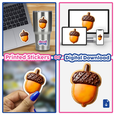 Acorn Shaped Cookie with Brown Cap and Golden Base, displayed in a collage with other items, available as unique stickers or digital artwork from Decal Venue.