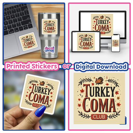 Turkey Coma Club Thanksgiving Sticker or Clipart with Commercial Rights displayed on various devices, showcasing its versatility as both a digital download and a sticker set.