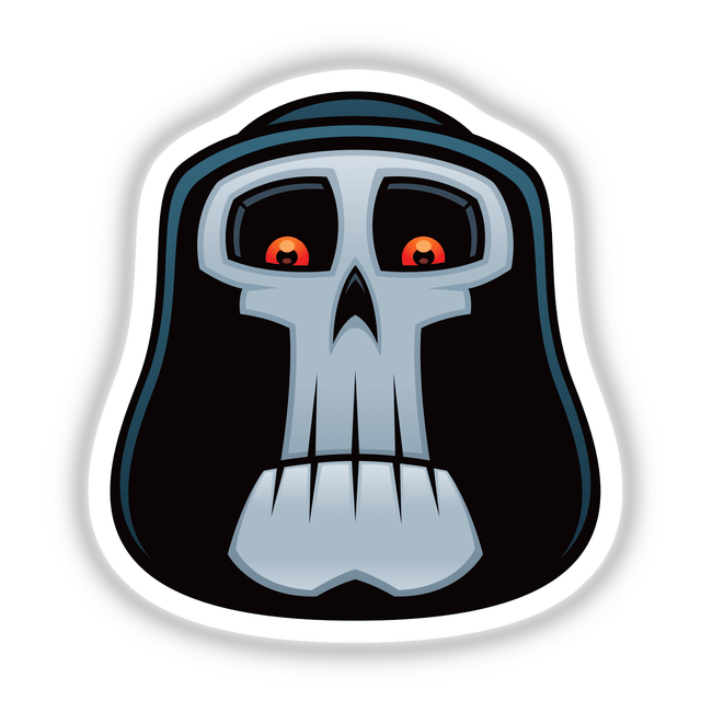 Grim Reaper sticker featuring a cartoon skull with orange eyes and distinctive teeth. Perfect for fans of unique, edgy designs from Decal Venue's digital art collection.