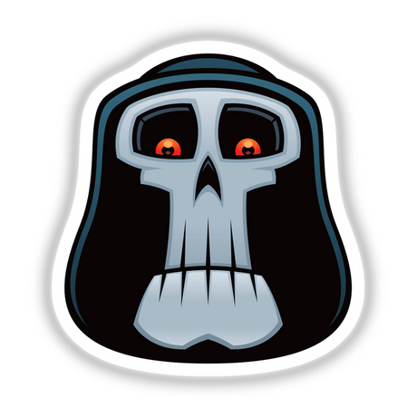 Grim Reaper sticker featuring a cartoon skull with orange eyes and distinctive teeth. Perfect for fans of unique, edgy designs from Decal Venue's digital art collection.